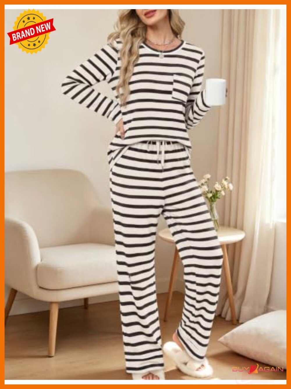 Womens Pajama Set Long Sleeve Crewneck Top Wide Leg Pants 2 Piece Lounge Set - Picture 3 of 6
